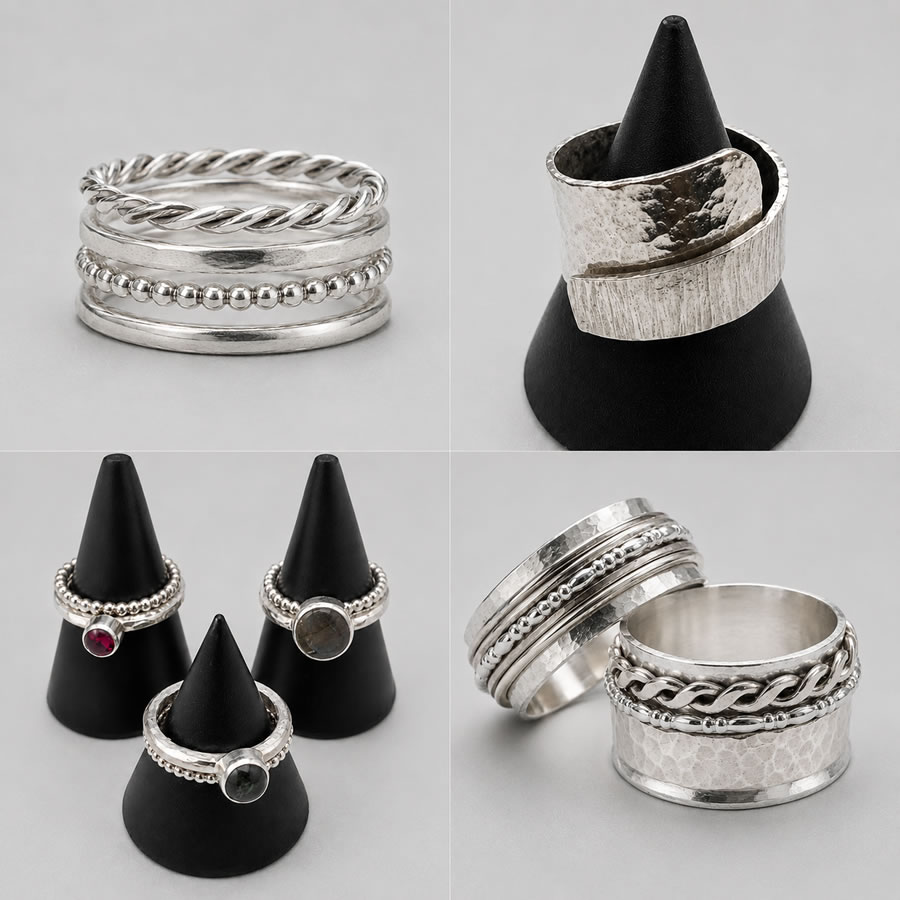 Zelfgemaakte zilveren ringen uit de workshops bij Poelie in Den Haag